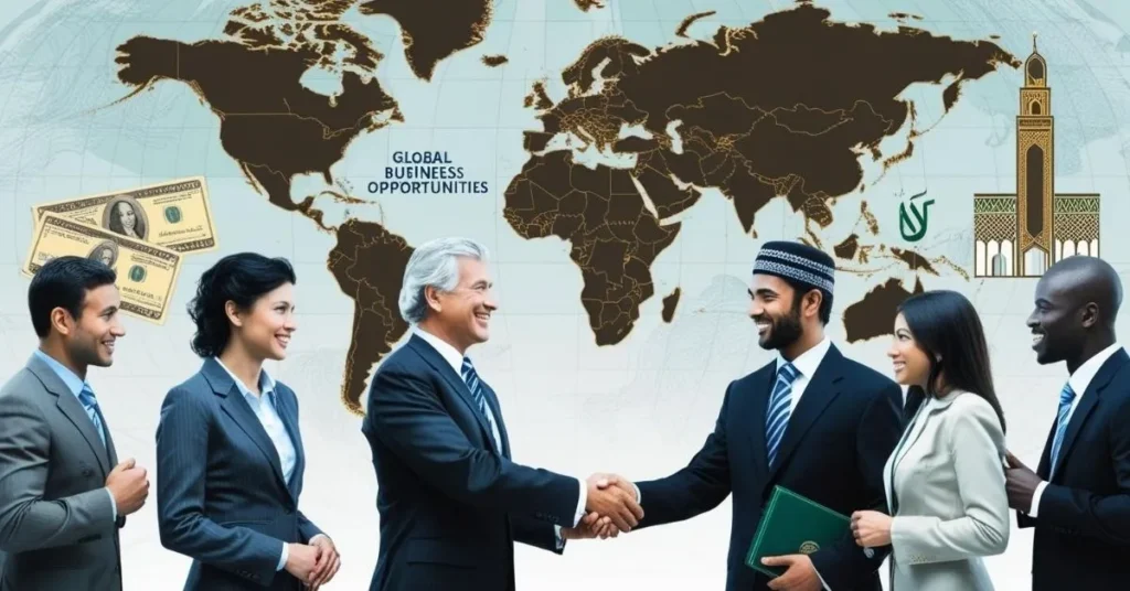 Business professionals collaborating on international opportunities, featuring a world map and symbols of trade.